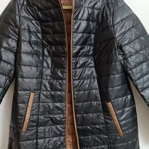 Women's Black Quilted Puffer Coat with Tan Trim